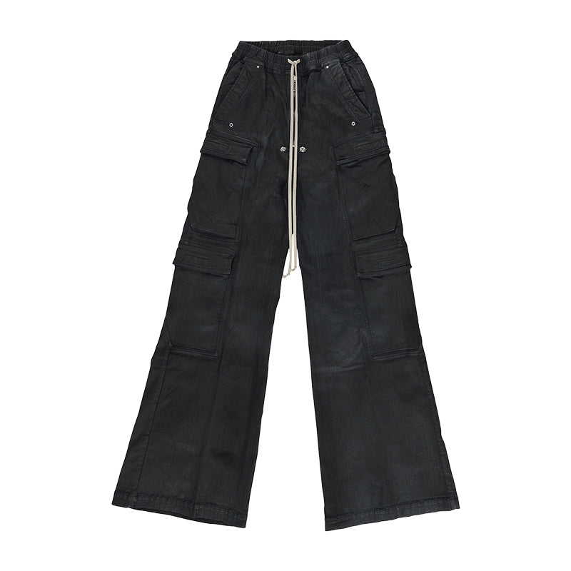 Rick Owens Men's High Street Four Seasons Batik Solid Color Stretch Lace-Up Workwear Flared Pants Casual Denim Trousers Pants Ngvp #1772