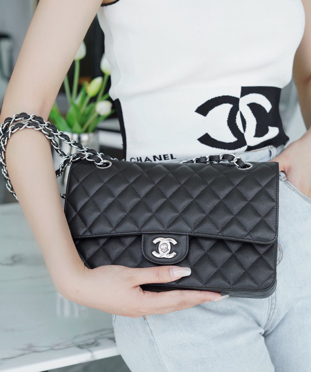 Chanel Women Classic Flap Solid Color Particle Embossed Calfskin Chain Bag Mouth Cover Bag Casual Shoulder Bags CF #71675