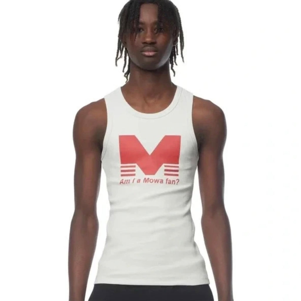 Mowalola Men's Spring Summer High Street Trend Stretch Retro Am I A Mowa Fan Slogan Printed Slim Vest Top White Fashion T-shirt Ngvp #2468