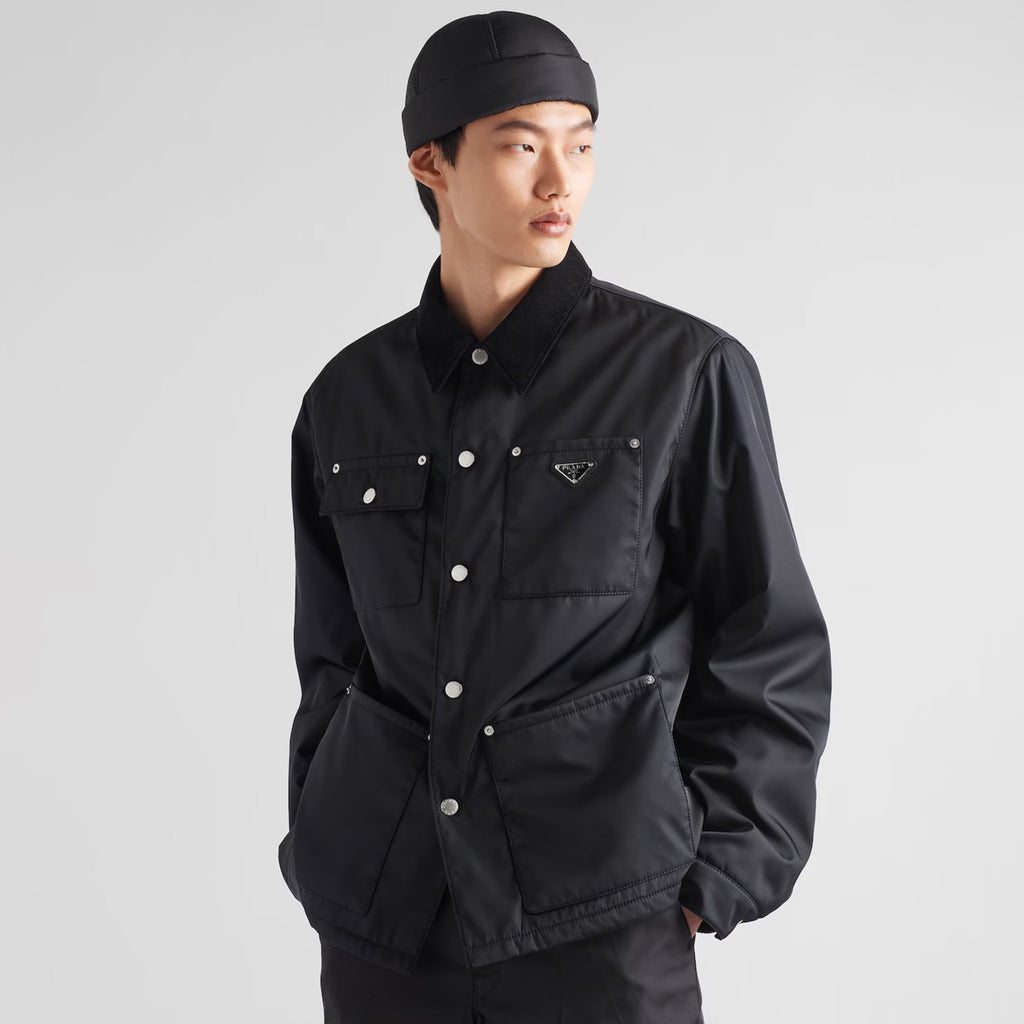 Prada Men's Spring and Fall Fashion Black Casual Lapel Multi-Pocket Long Sleeve Re-Nylon Drawstring Jacket #98711