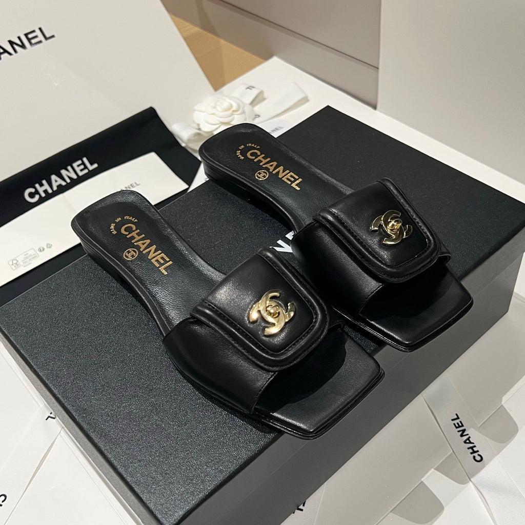 Chanel Gold Lock Square Toe Slippers #379298