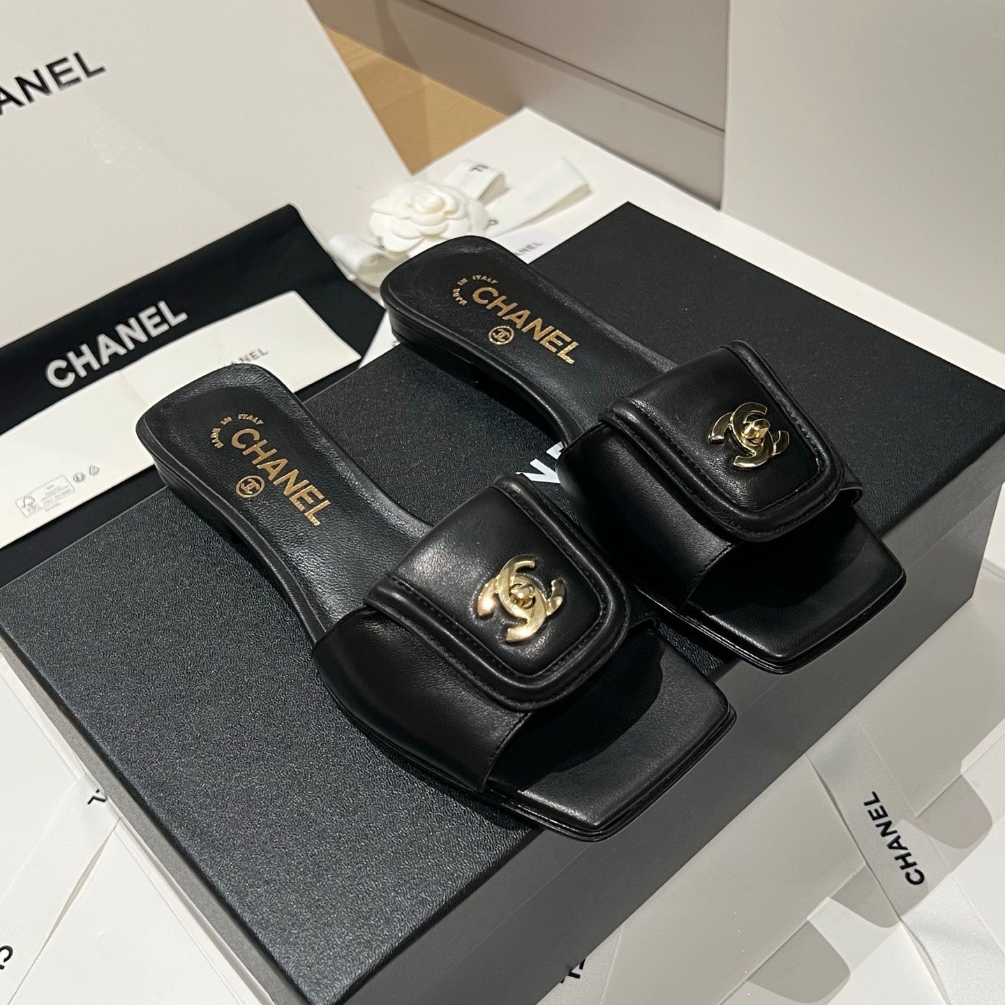 Chanel Gold Lock Square Toe Slippers #379298