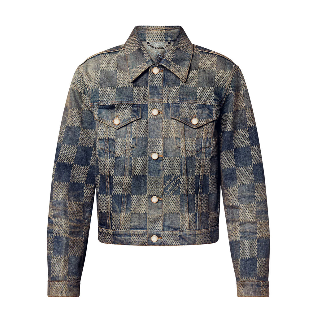 Louis Vuitton Men's Spring And Fall Logo Jacquard Checkerboard Pattern Pocket Single Breasted Denim Jacket Pants Suit Set #72956
