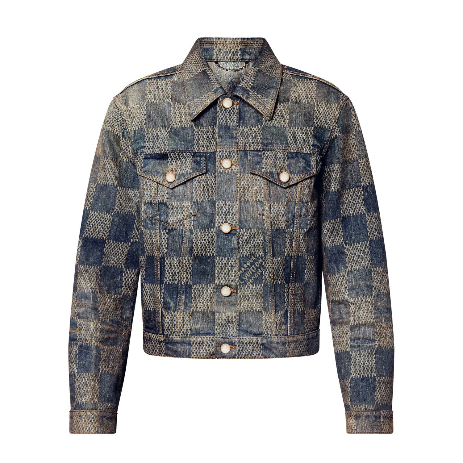 Louis Vuitton Men's Spring And Fall Logo Jacquard Checkerboard Pattern Pocket Single Breasted Denim Jacket Pants Suit Set #72956