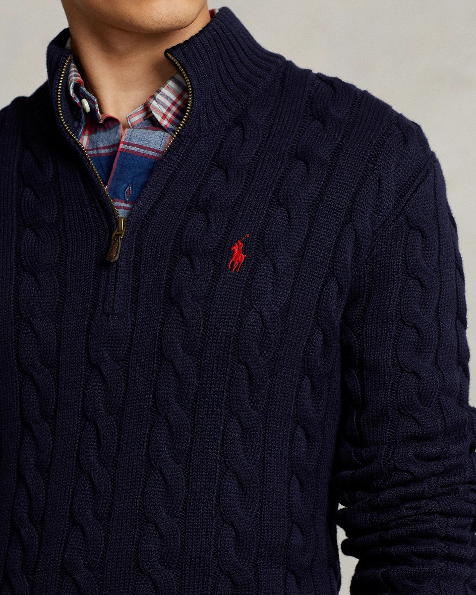 Ralph Lauren Men's Spring/Fall/Winter Half-Zip Stand Collar Logo Embroidered Solid Color Cable-Knit Long-Sleeve Sweater #81536