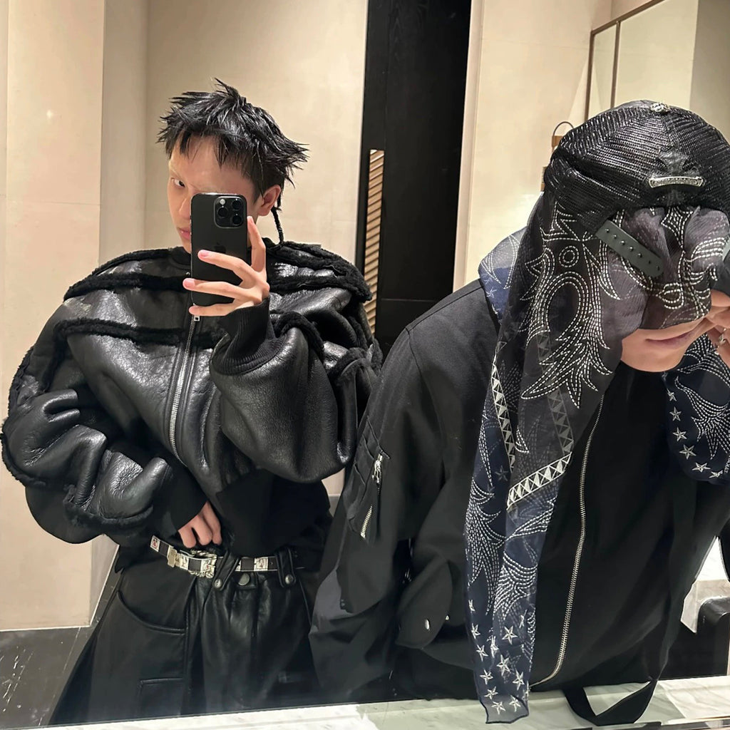 Rick Owens Ro Fur One Autumn And Winter New Fashion Splicing Leather Jacket Coat High Street Trend Hip Hop Dark Style Warm Coat Ngvp #9719