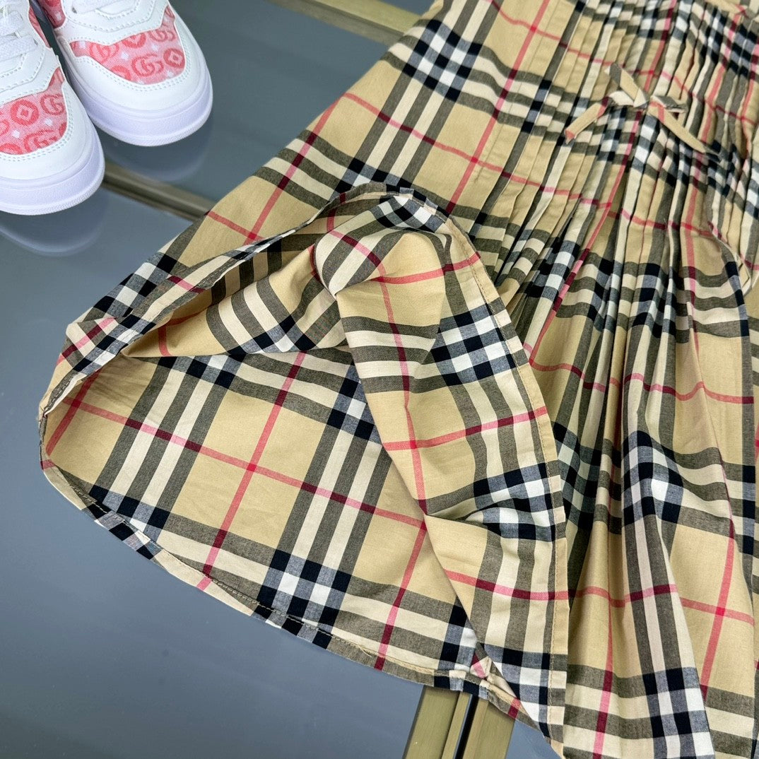 Burberry Kid's Summer Plaid Full Print Cotton Round Neck Short Pleated Sleeveless Dress #31313
