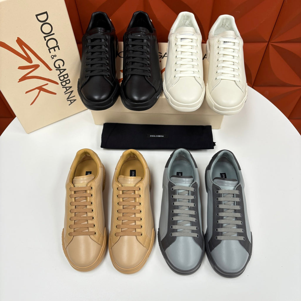 Dolce&Gabbana Men's And Women's Spring/Fall Fashion Casual Round Toe Lace Up Solid Color Leather Printed Rubber Sole Sneakers Shoes #78728