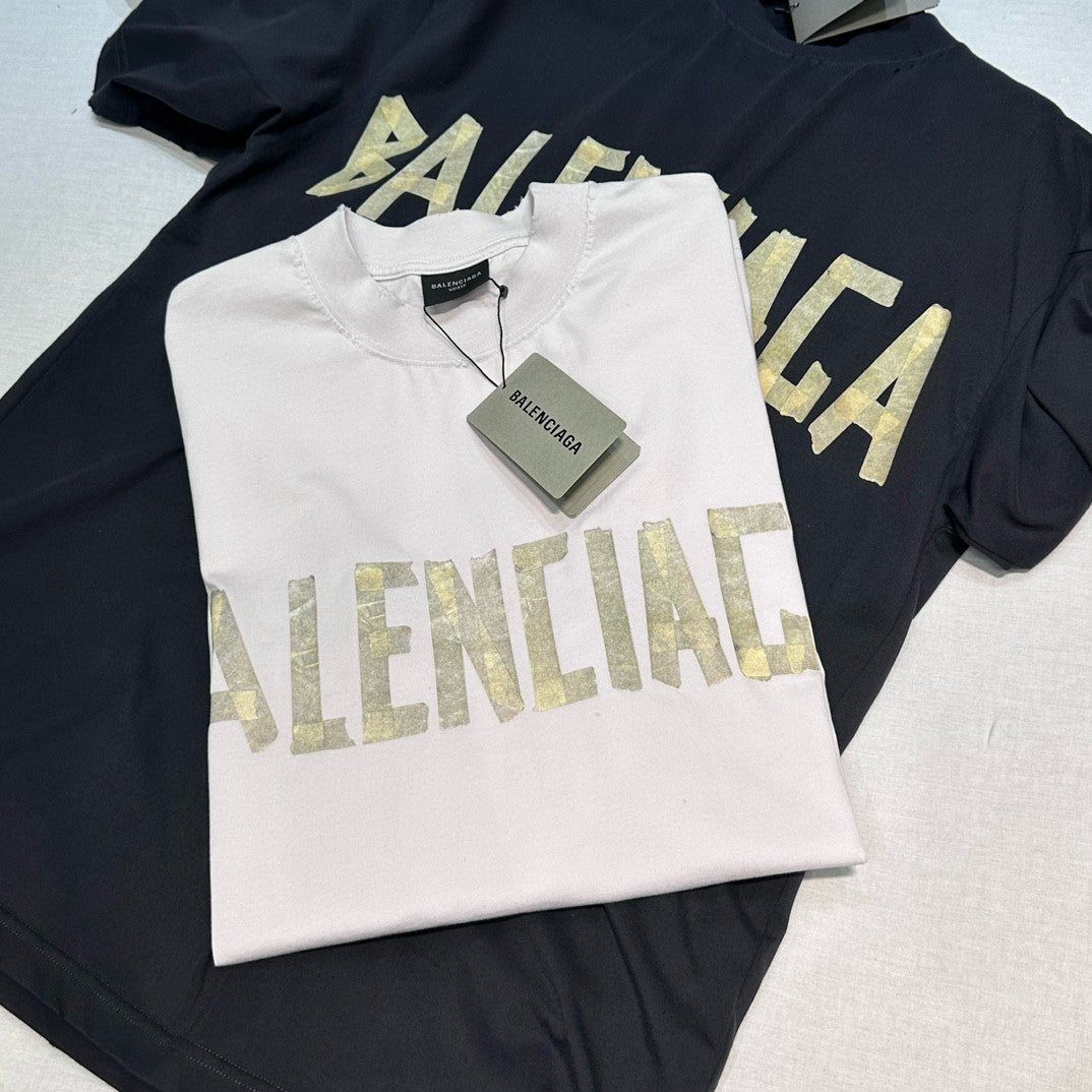Balenciaga Men's and Women's Tape Type T-Shirt Medium Fit In Faded Letter Print Round Neck Loose Fit Short Sleeve T-Shirt #98566