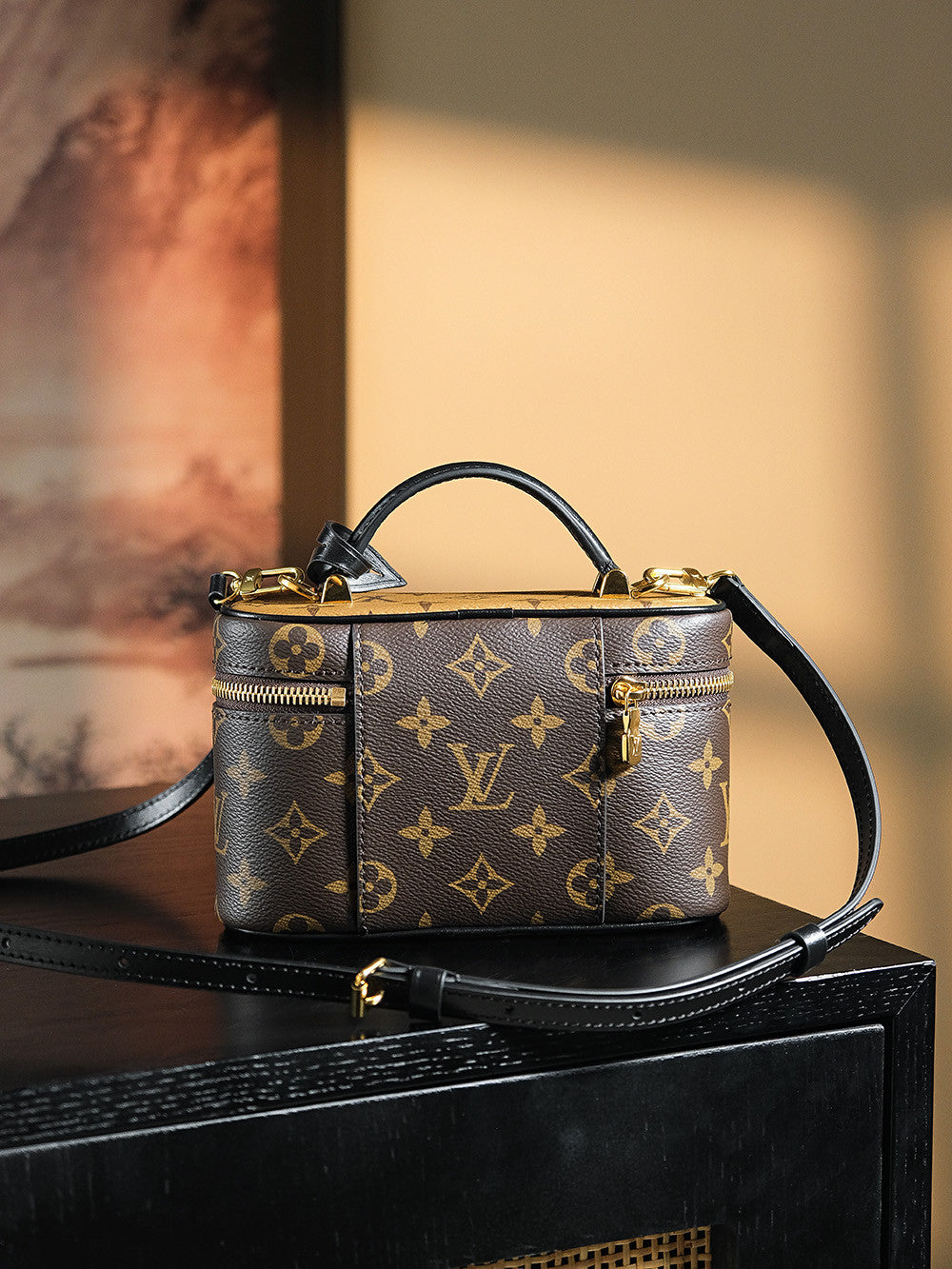 Louis Vuitton Vanity Chain Pouch Women's Brown Monogrammed Pendant Zipper Closure Calfskin Gloves Cosmetic Bag Bags #75134