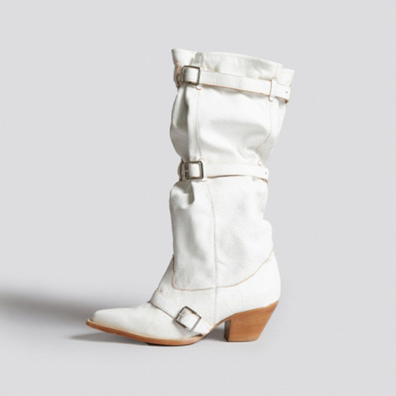 RRR-123 Women's Segment Buckle Strap Vintage Cowboy Stacked Boots Autumn And Winter Solid Color Leather Tall Boots Casual Shoes Heel High 5cm Ngvp #1837