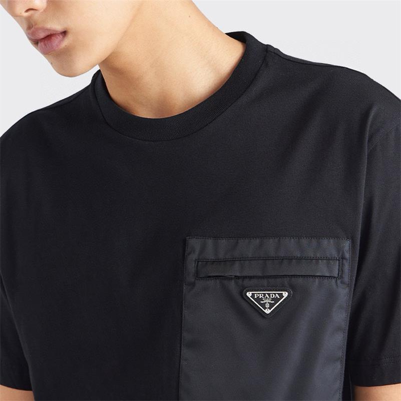 Prada Men's Summer Metal Triangle Label Nylon Pocket Crew Neck Cotton Short Sleeve T-Shirt #98973