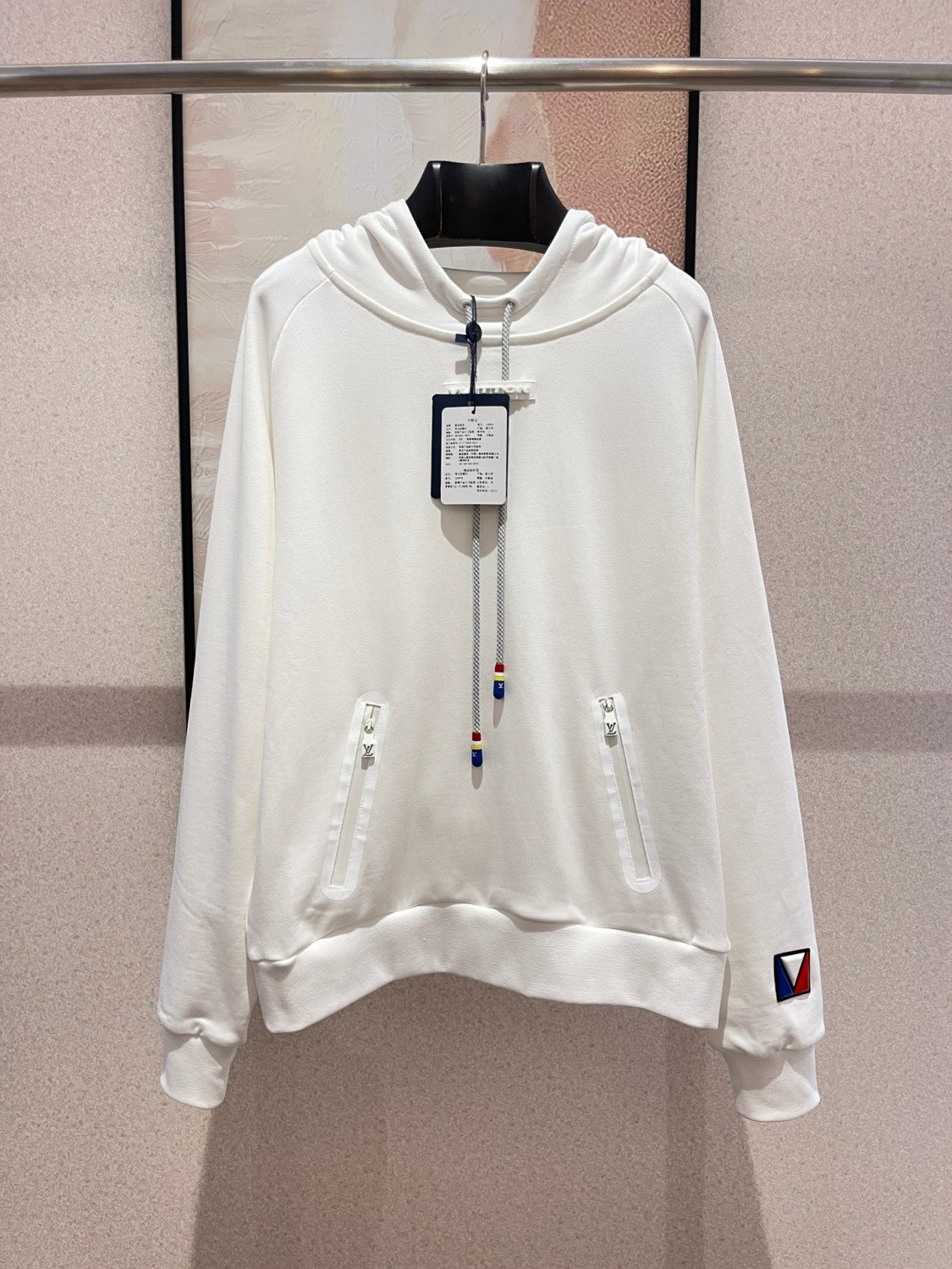 Louis Vuitton Men's Fall/Winter White Hooded Drawstring Logo Long Sleeve Sweatshirt Pullover #72888