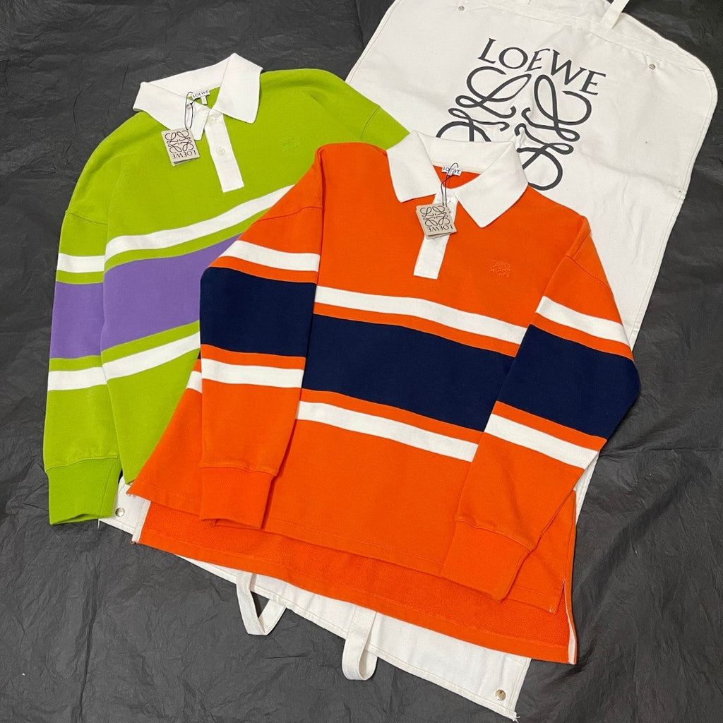 LOEWE FW25 Men's Cotton Horizontal Striped Logo Embroidered Long-Sleeved Polo Shirt #332269