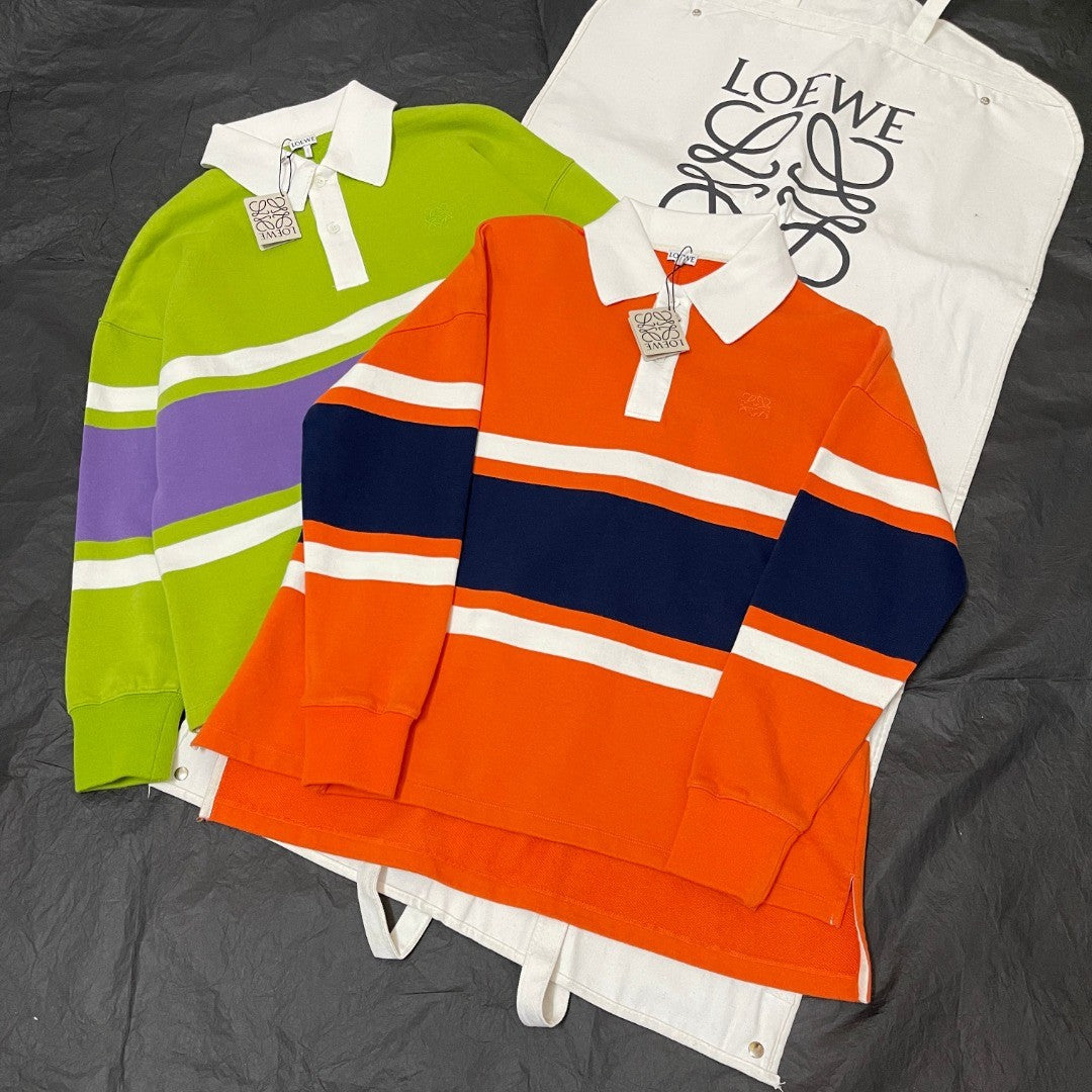 LOEWE FW25 Men's Cotton Horizontal Striped Logo Embroidered Long-Sleeved Polo Shirt #332269