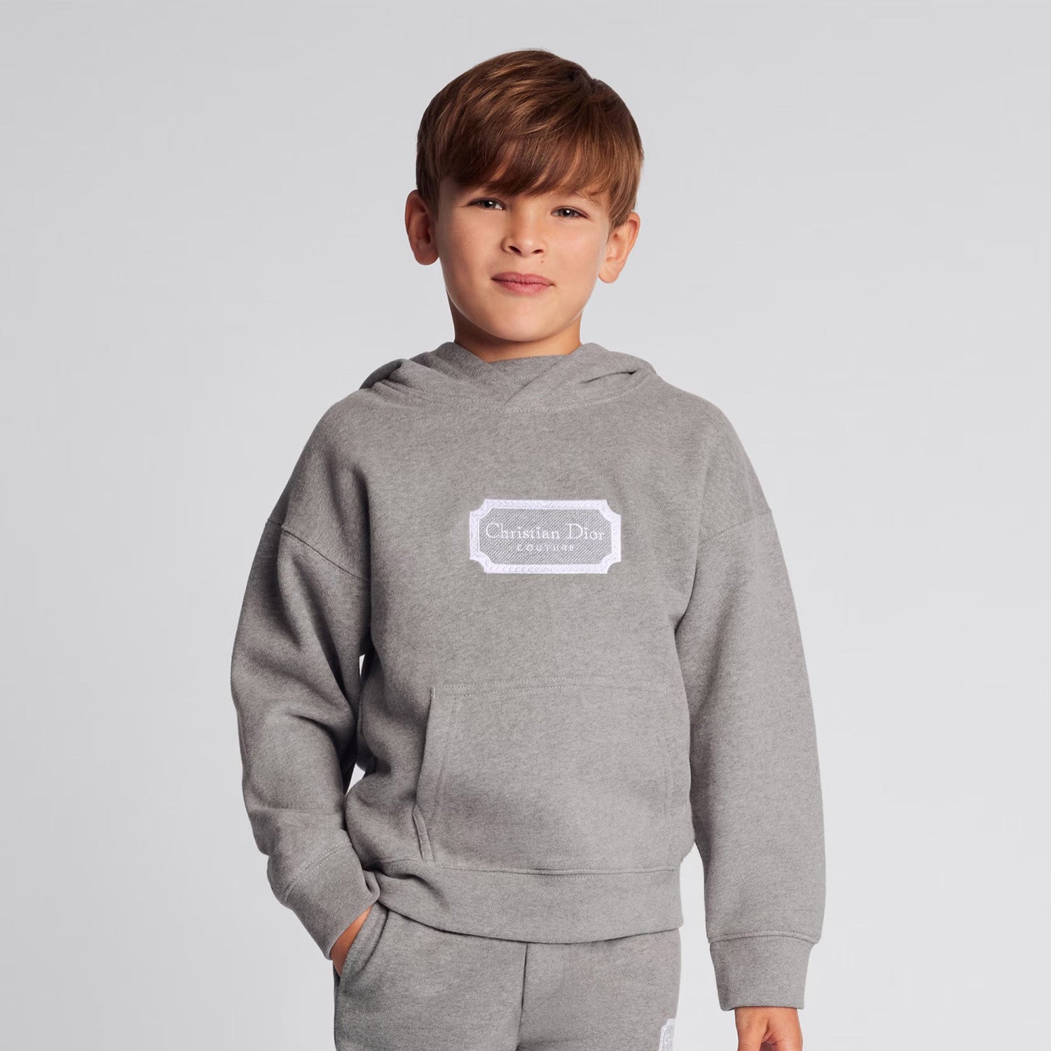 Dior Kid's Spring And Autumn Gray Letter Embroidery Hooded Long Sleeve Cotton Sweatshirt Drawstring Knit Track Pants Set #31245