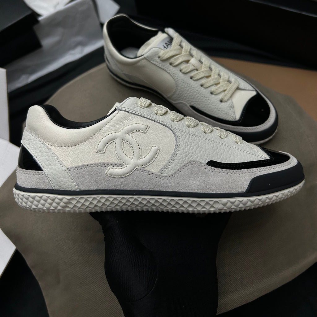 Chanel Women's Spring/Fall Fashion Casual Round Toe Lace Up Two Tone Flat Low Top Lychee Grain Cowhide Patent Leather Slip On Sneakers Shoes #79295