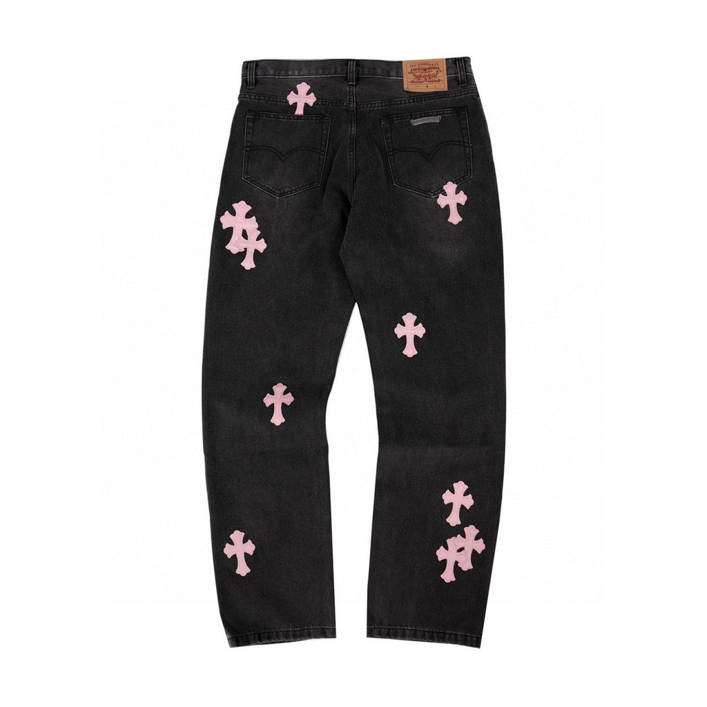 Chrome Hearts Men's and Women's Spring and Fall Pink Cross Calfskin Labeled Black Jeans Pants #97952