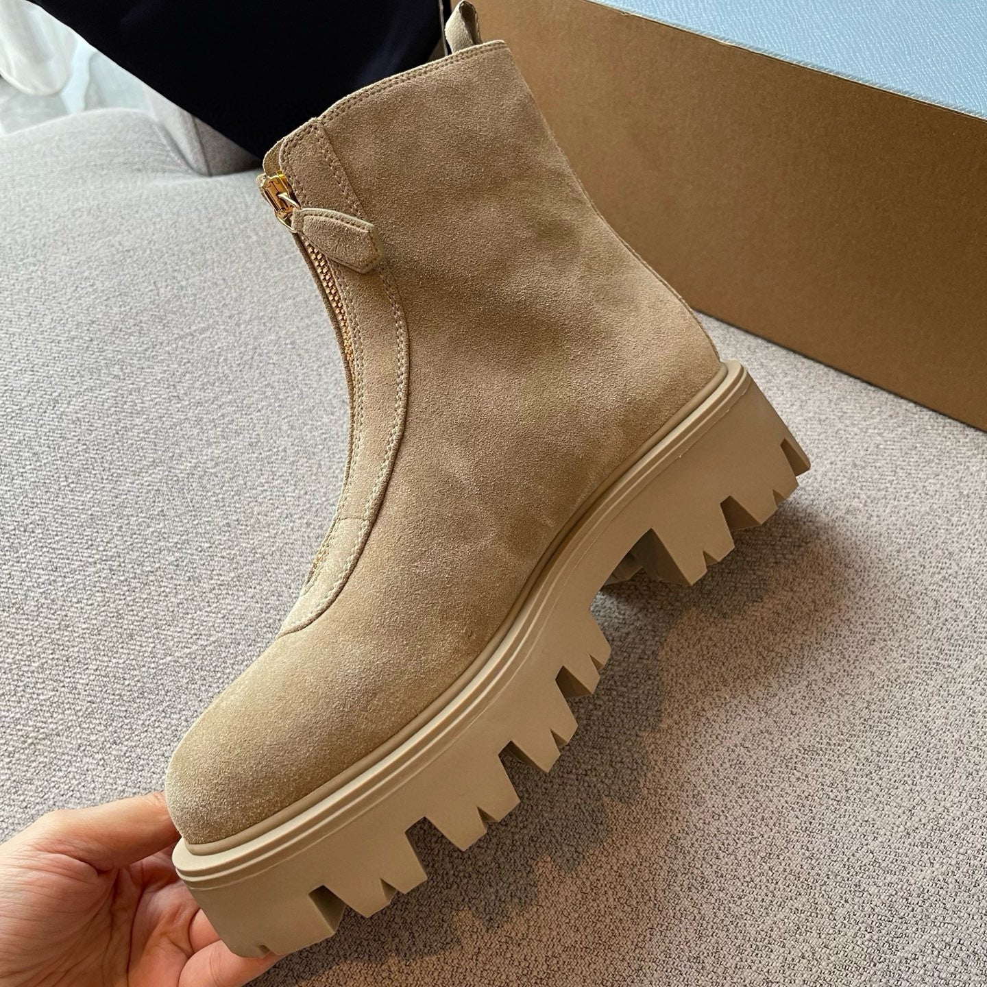 Prada Women's Fall/winter Fashion Classic Round Toe Slip On Suede Chunky Heel 4.5cm Classic Triangle Logo British Style Vintage Short Boots Shoes #79234