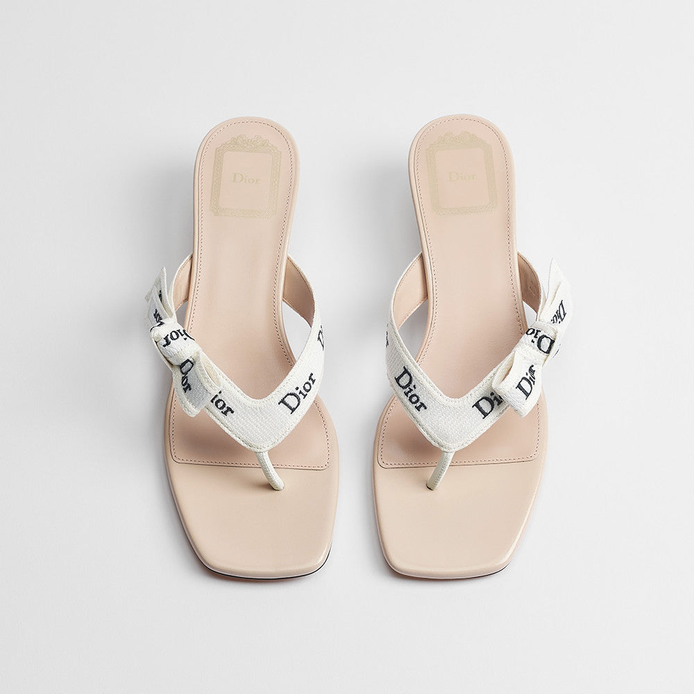 DIOR J Adior Heeled Thong Sandal White Embroidered Cotton and Black Lambskin #385829