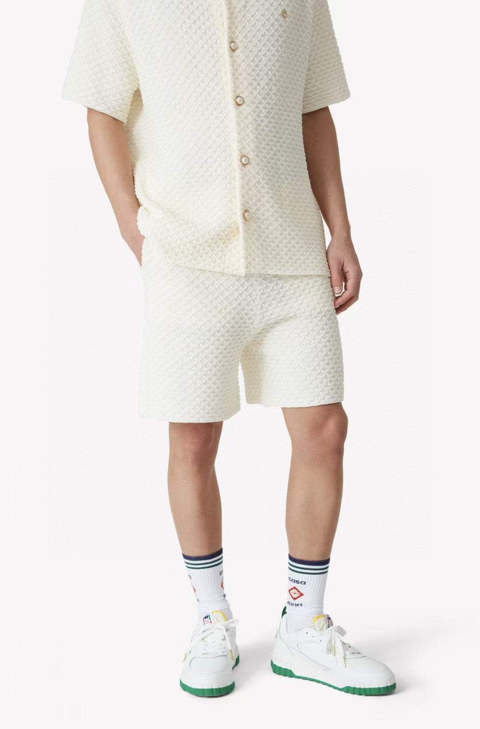 Casablanca Men's Summer Solid Color Single Breasted Knit Short Sleeve Shirt Lace Up Casual Shorts Set Suit #75965