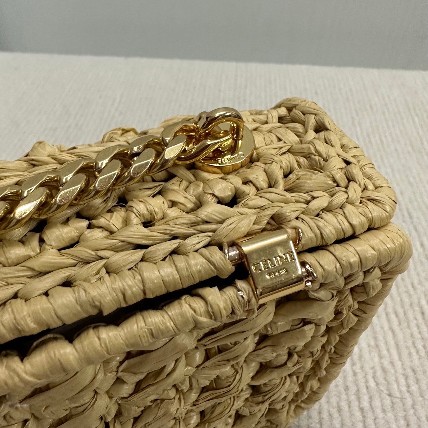 Celine TRIOMPHE Women's Monogrammed Gold Buckle Raffia Woven Solid Color Crossbody Shoulder Bag Bags #76673