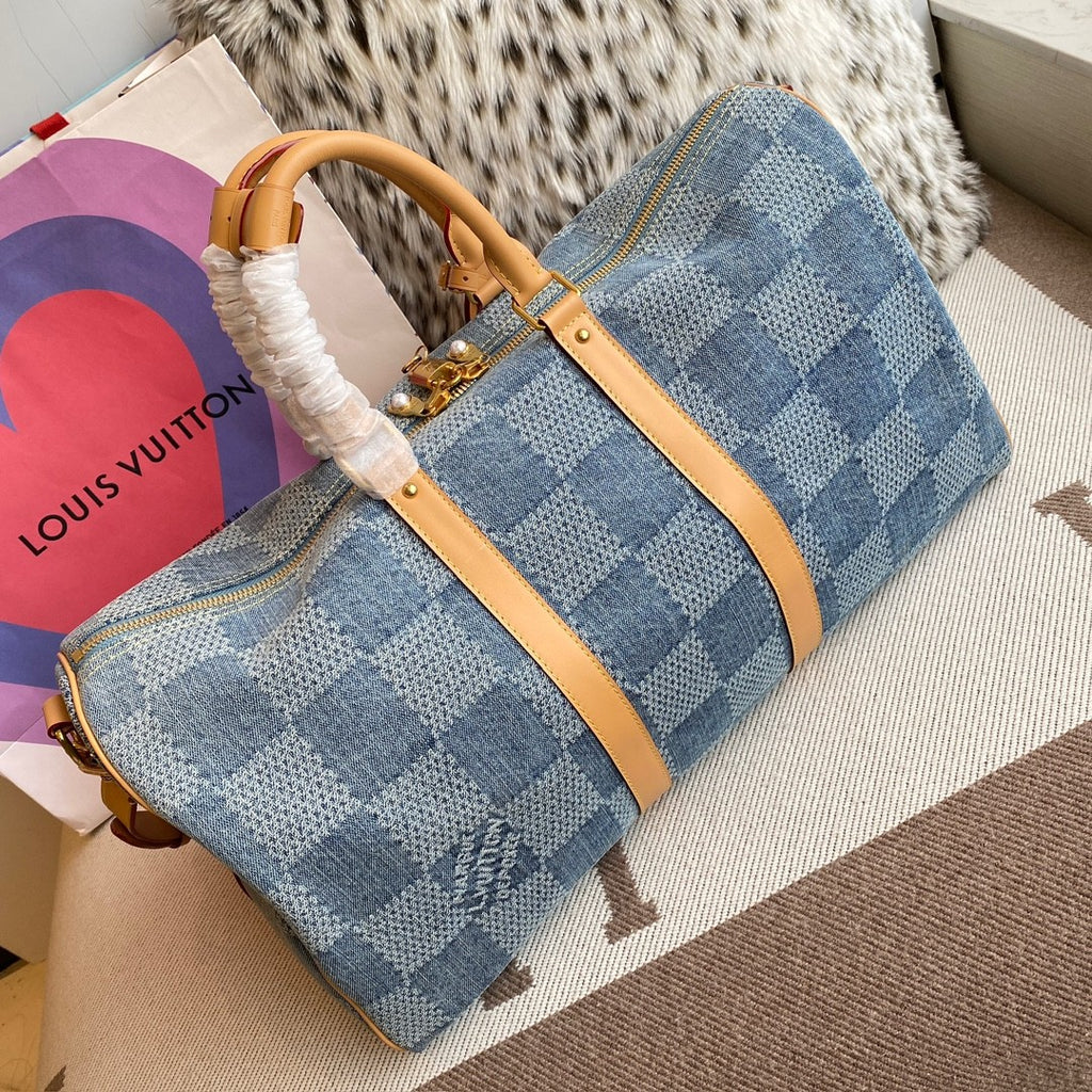 Louis Vuitton Keepall Bandoulière 50 Men's and Women's Detachable Adjustable Shoulder Strap Zipper Closure Denim Step Shoulder Tote Travel Bag Bags #75562