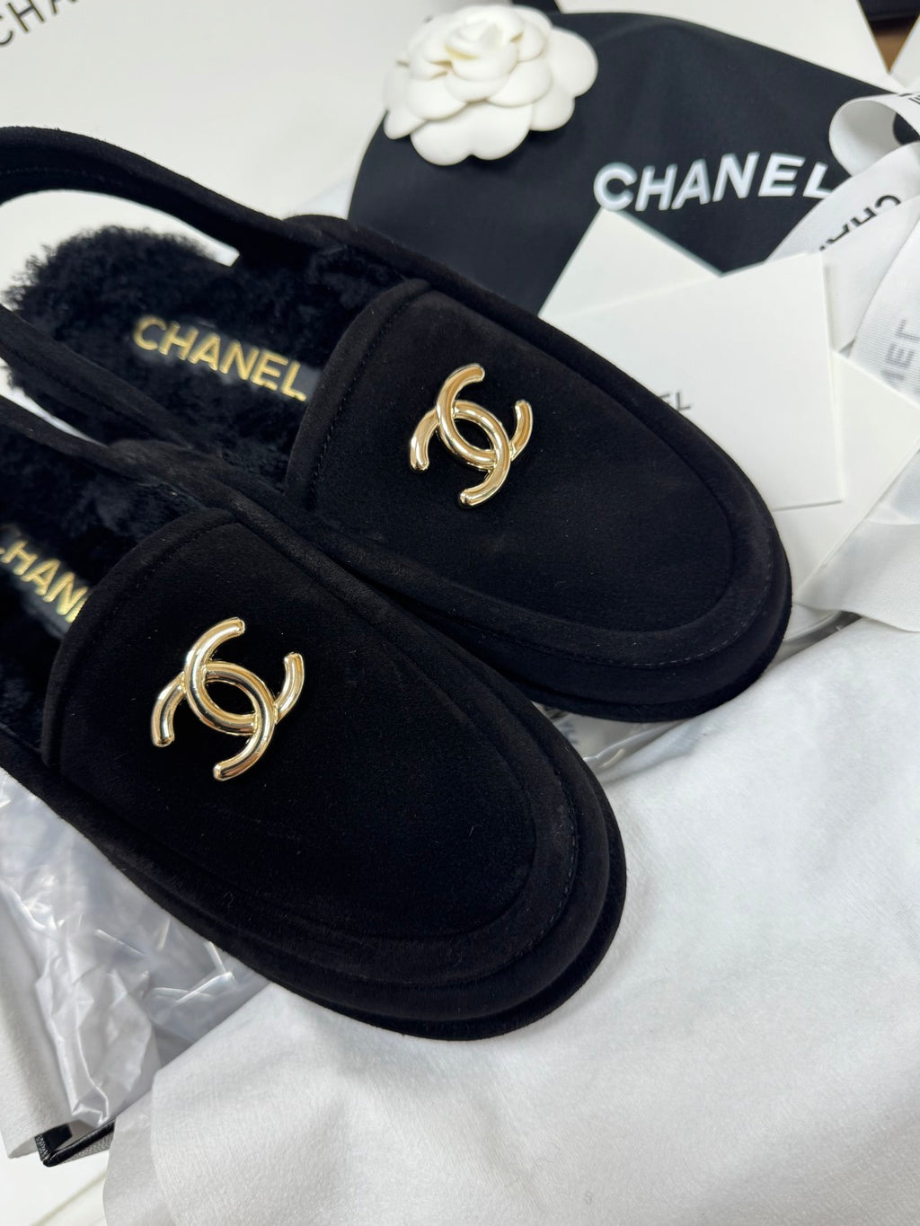 Chanel Women's Fall/Winter Casual Round Toe Slip On Teddy Fur Logo Flat Mules Shoes #79254