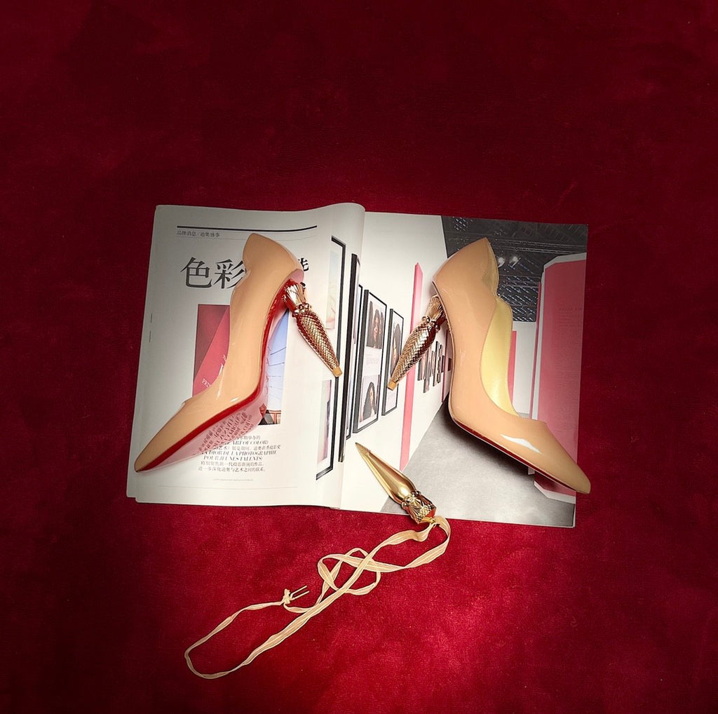 Christian Louboutin Lipchick Pump Series Hot Chick Shoe Style Cl Crepe Satin Rhinestone Embellishment Asymmetrical Heel High Heels 10cm Women's Black Nude Shoes Ngvp #1997