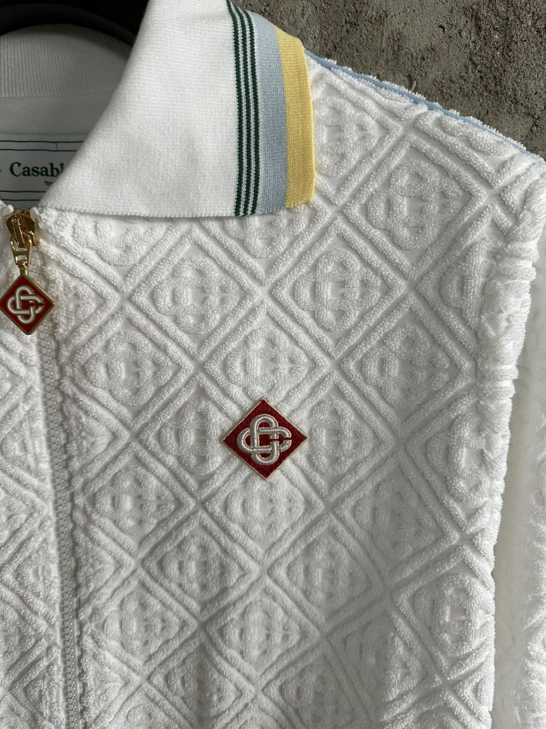 Casablanca Men's Spring & Autumn White Striped Trim Cozy Knit Zipper Lapel Long Sleeve Jacket #73815