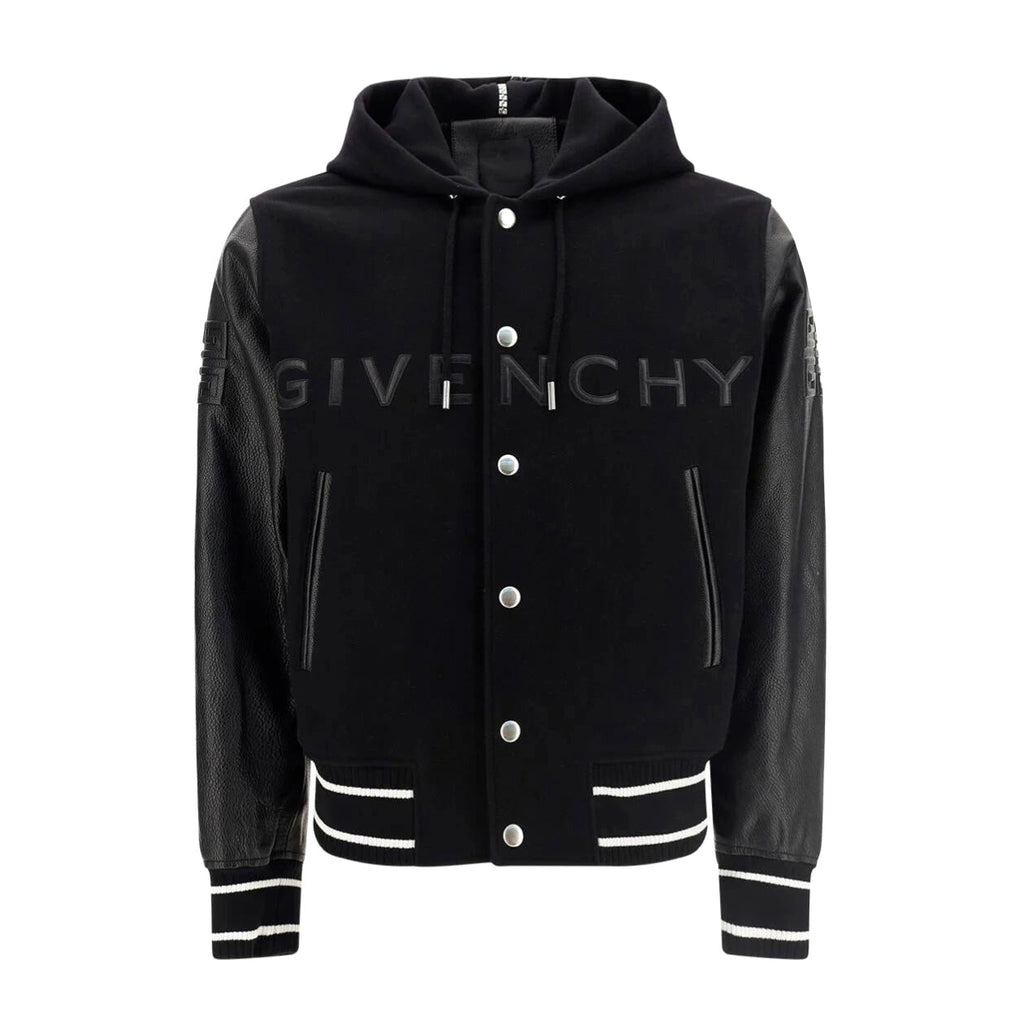 Givenchy Men's Fall/Winter Black Logo Printed Single Breasted Hooded Aviator Jacket #72996