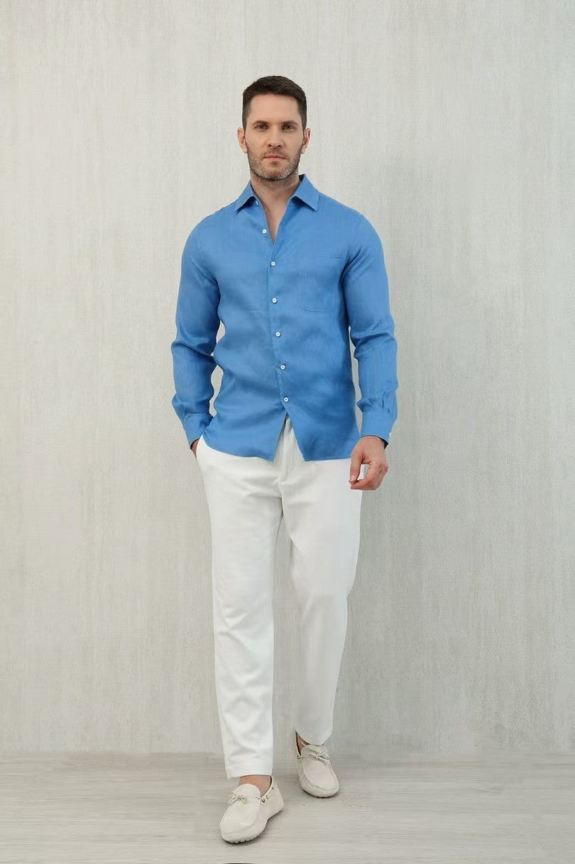 Loro Piana Men's Spring And Summer Solid Color André Shirt Lapel Single-breasted Linen Shirt Ngvp #7962