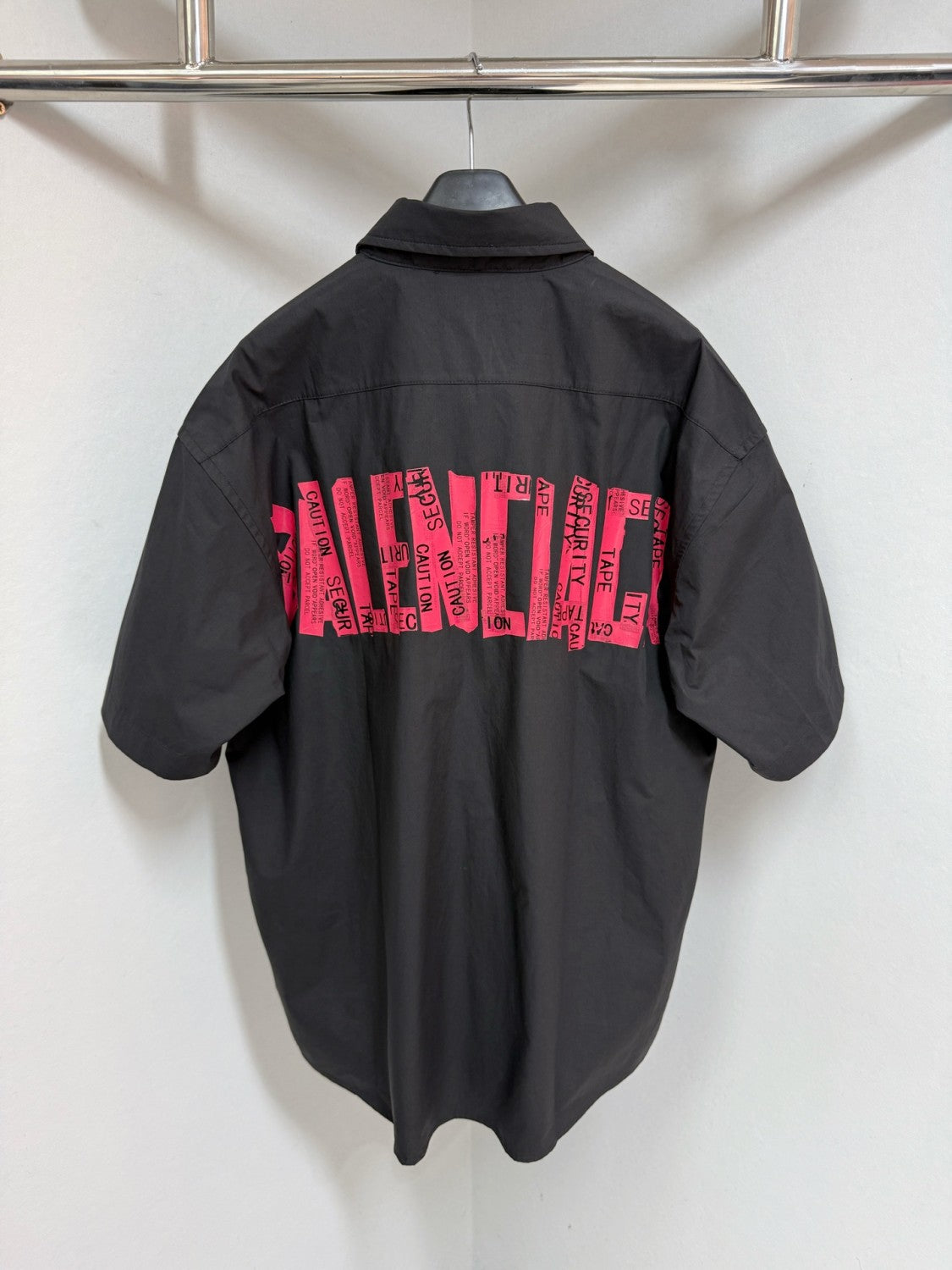 Balenciaga Men's Summer Solid Tape Letter Print Single Breasted Short Sleeve Shirt #76698