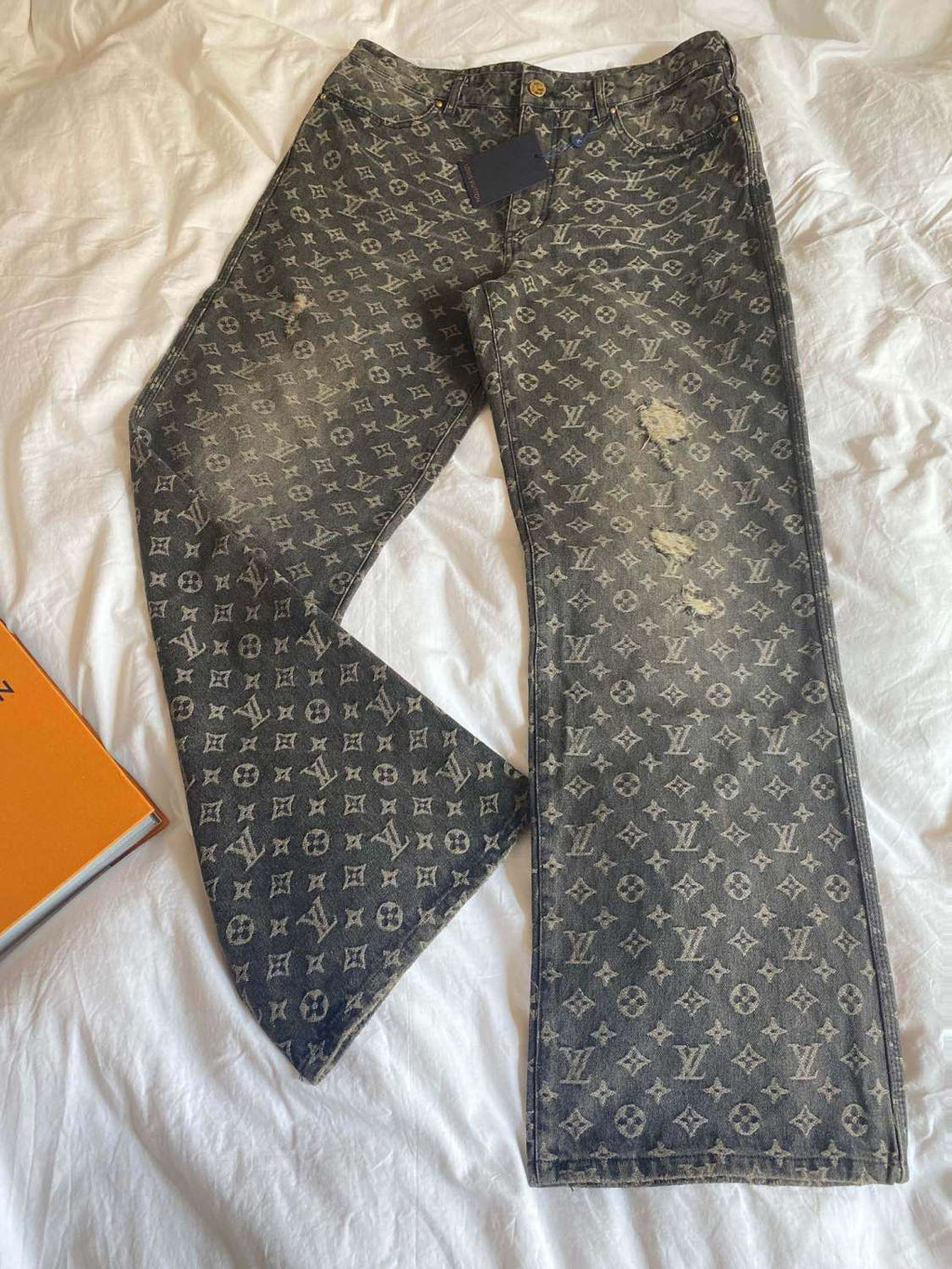 Louis Vuitton Men's Retro Washed And Embroidered Monogram Pattern Loose Jeans Spring And Autumn Fashion High Street Straight Wide Leg TrousersCasual Pants #71848