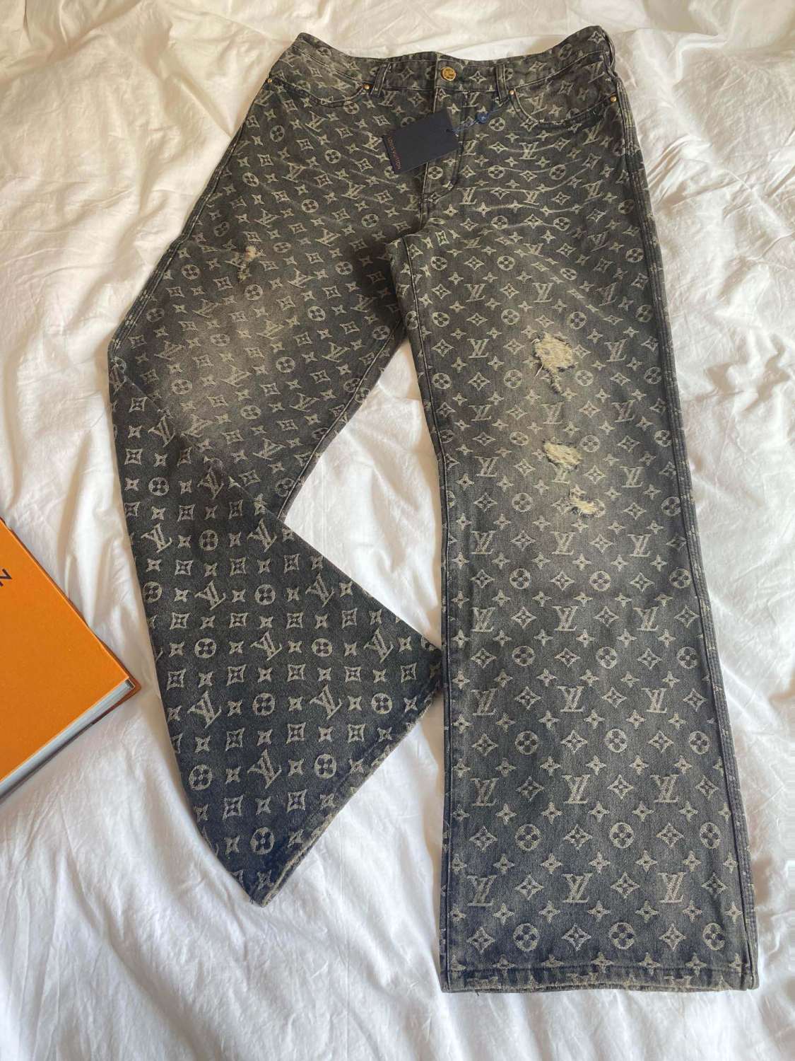 Louis Vuitton Men's Retro Washed And Embroidered Monogram Pattern Loose Jeans Spring And Autumn Fashion High Street Straight Wide Leg TrousersCasual Pants #71848