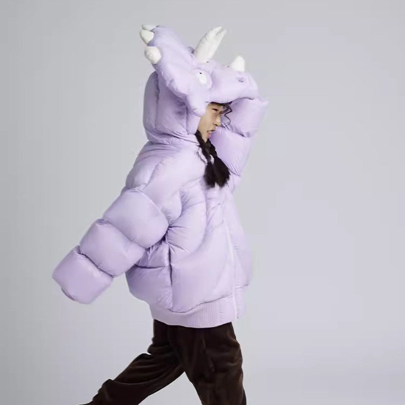 Kid's Autumn And Winter Solid Color Triceratops Jacket Thickened Short Zipper Loose Hooded Puffer Down Jacket #31322