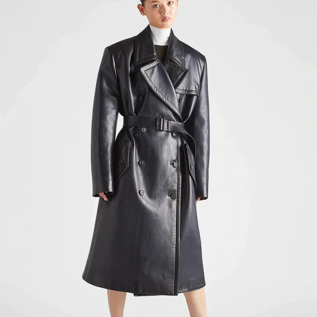 Prada Men's Winter Long Leather Belted Tie Coat Jacket #96928
