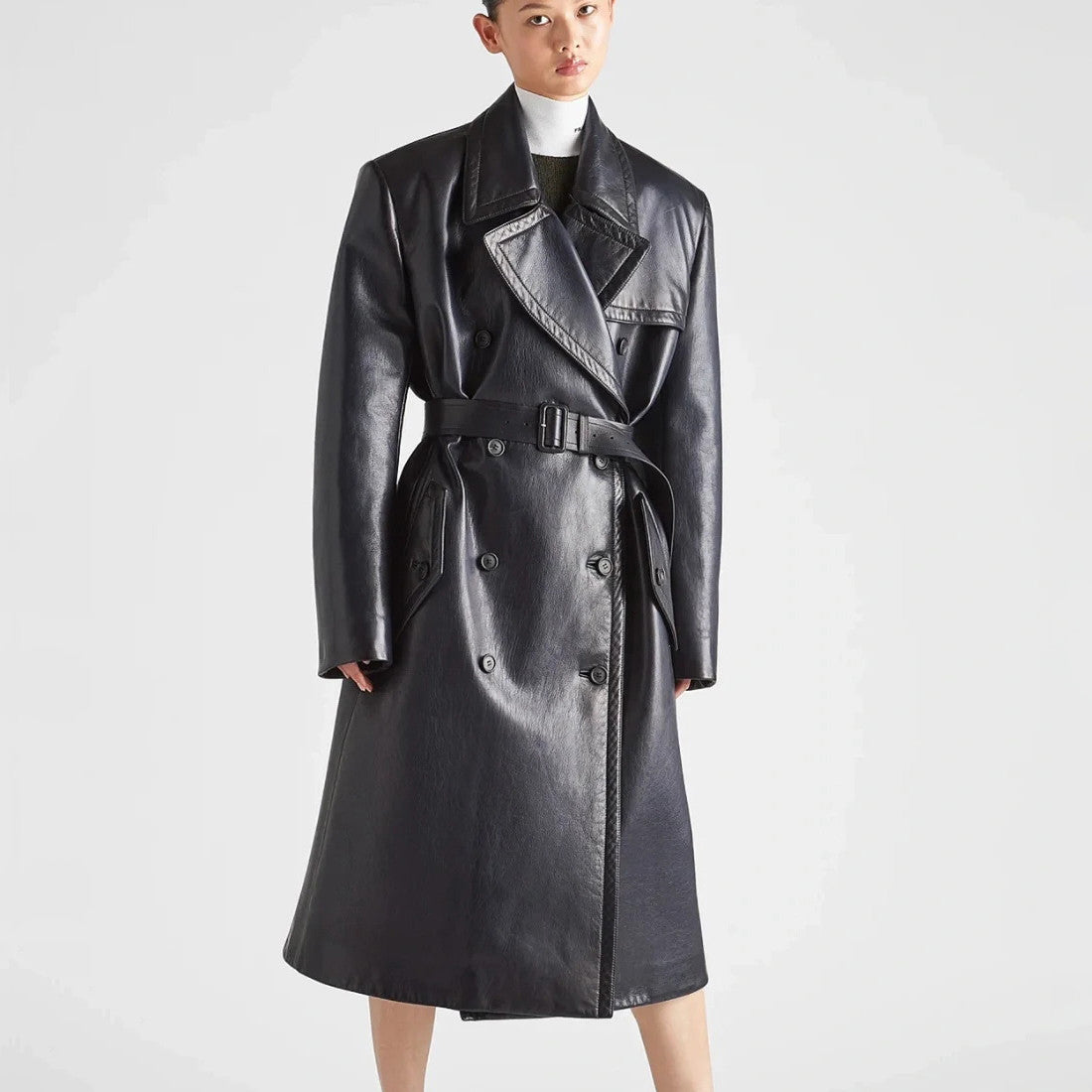 Prada Men's Winter Long Leather Belted Tie Coat Jacket #96928