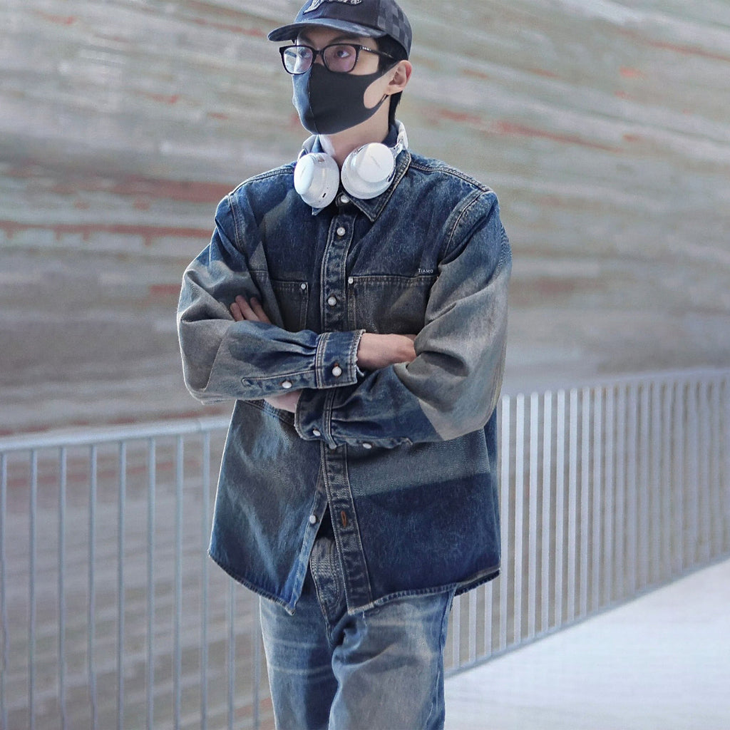 Louis Vuitton Sun Fading Effect Denim Long Sleeve Shirt Skateboarding Jeans Pants Men'S Spring And Summer Fashion High Street Trend Casual Suit Set #75985