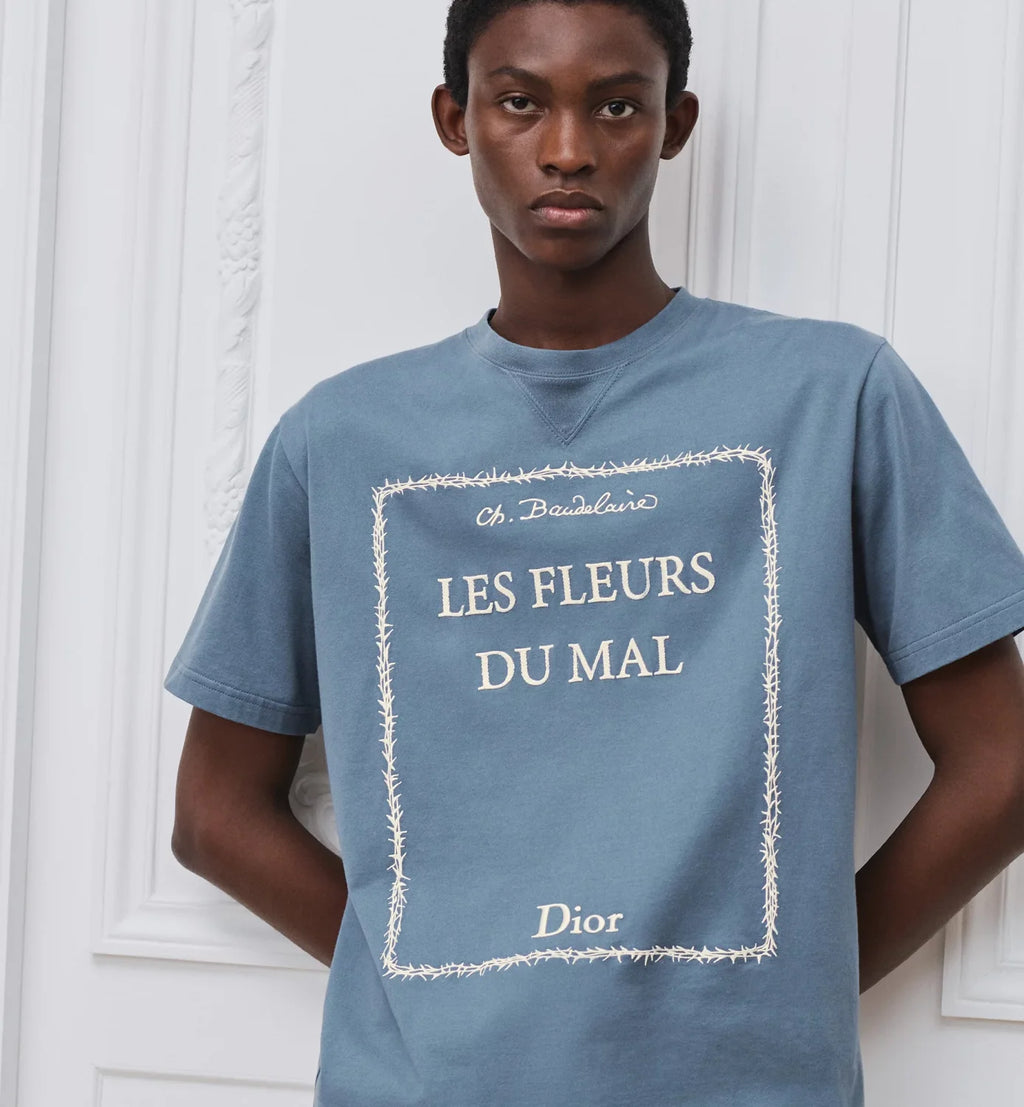 Dior T-Shirt with Book Cover Embroidery Relaxed Fit White and Green Cotton Jersey #337069