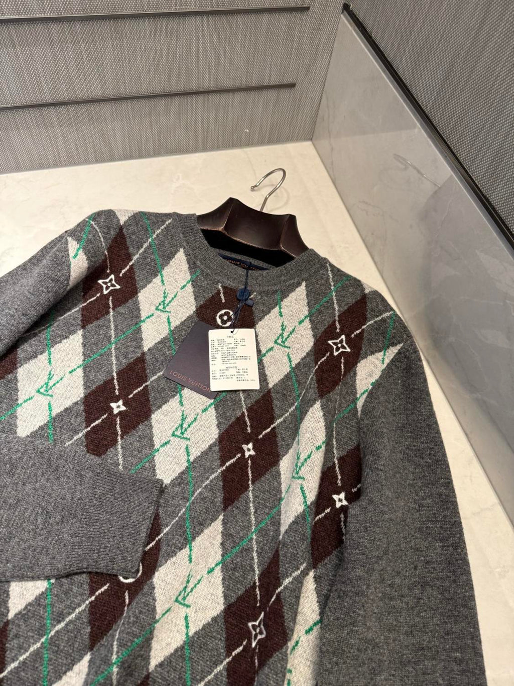 Louis Vuitton Men's Argyle Crew Neck Sweater Spring/Fall Checkered Embroidered Wool Solid Color Long Sleeve Sweater #81564