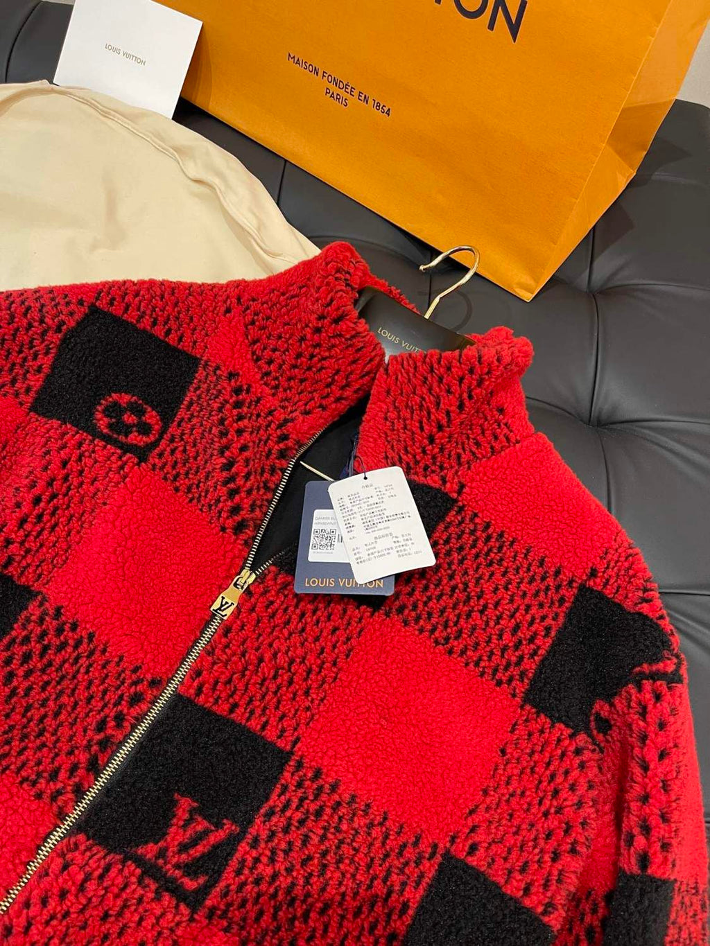 Louis Vuitton Men's Fall And Winter Red And Black Checkerboard Pattern Collar Zipper Long Sleeved Jacket #73682
