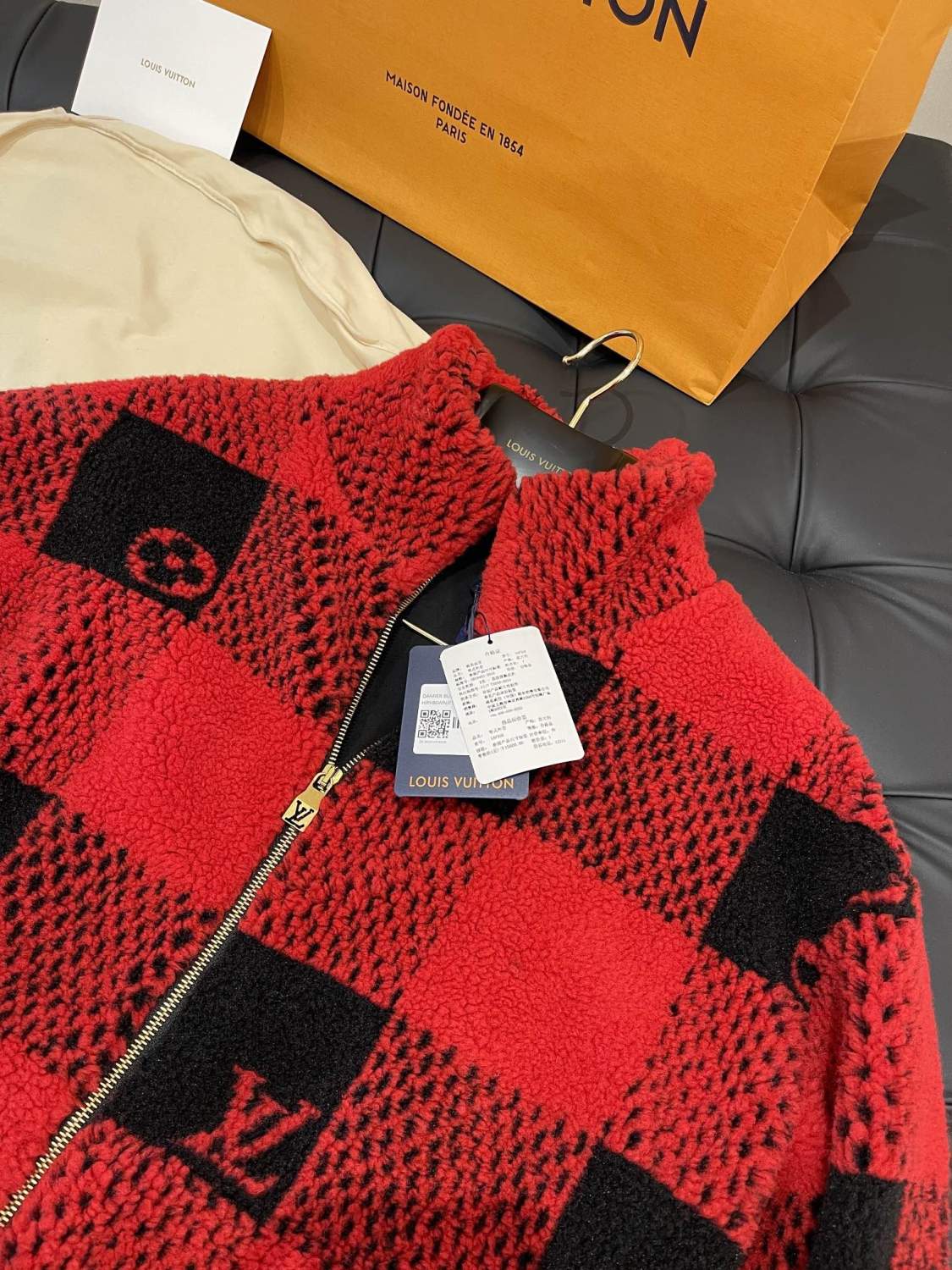 Louis Vuitton Men's Fall And Winter Red And Black Checkerboard Pattern Collar Zipper Long Sleeved Jacket #73682