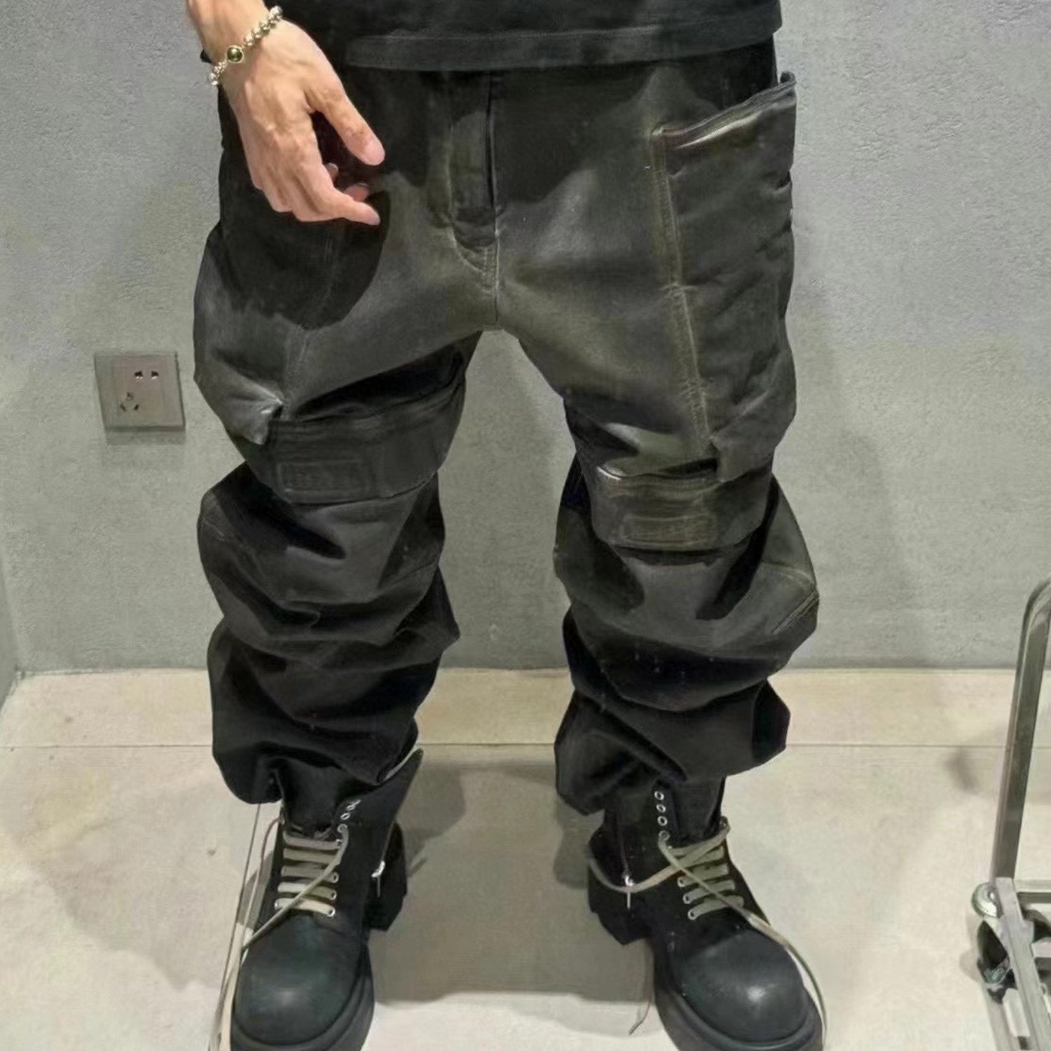 Rick Owens Men's Spring and Autumn Retro Washed and Worn Out Multi Pocket Workwear Pants Casual Wide Leg Pants Ngvp #8617