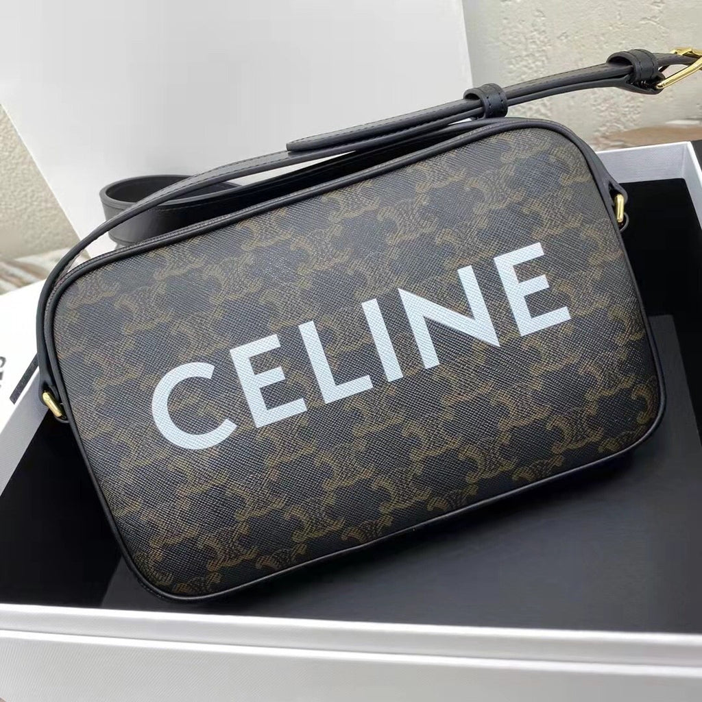 Celine Triomphe Men's Black Zipper Closure Printed Canvas Calfskin Shoulder Crossbody Bag Bags #75812