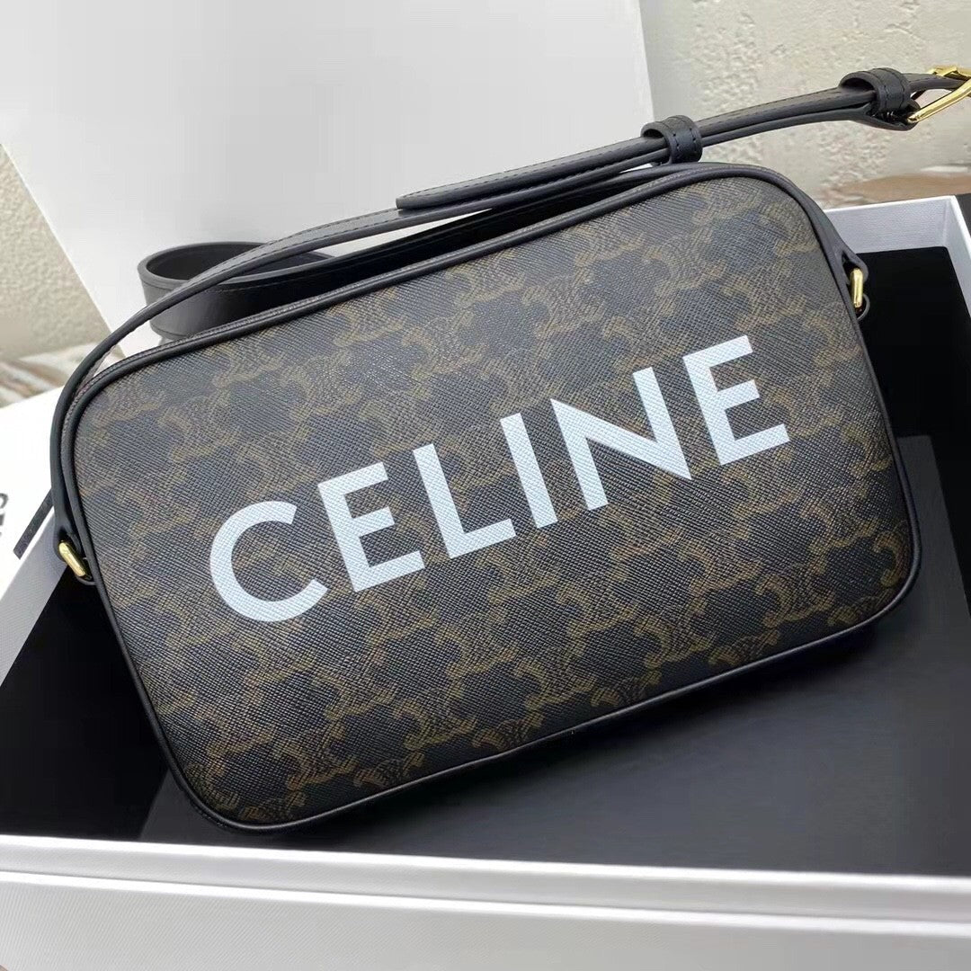 Celine Triomphe Men's Black Zipper Closure Printed Canvas Calfskin Shoulder Crossbody Bag Bags #75812