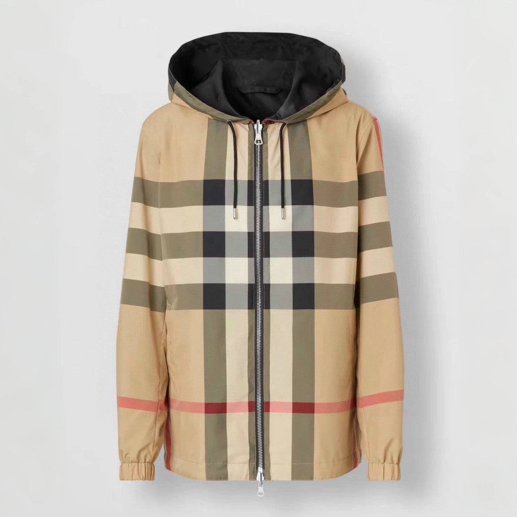 Burberry Men's Spring and Fall Reversible Plaid Checked Printed Hooded Long Sleeve Zipper Jacket #72612