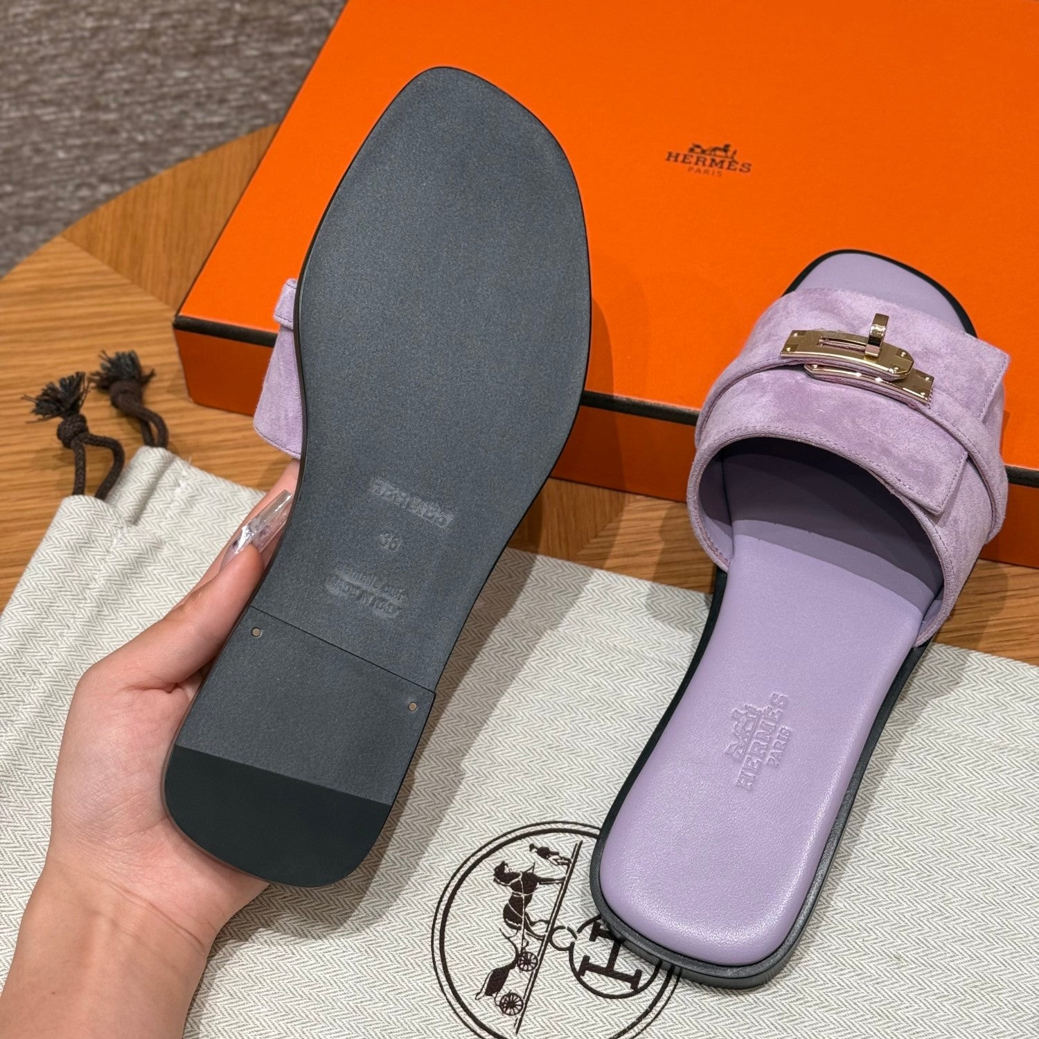 Hermes Giulia Women's Summer Solid Color Metal Buckle Round Toe Suede Leather Sandals Slippers Shoes #77667