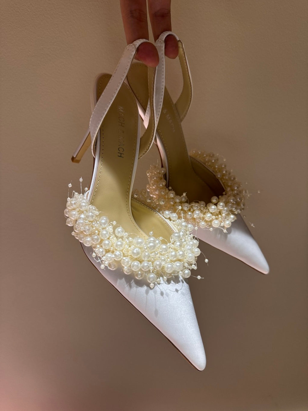 Mach & Mach Women's Spring. Summer And Autumn Pointed Toe Pearl Decorated Satin Solid Color High Heels Fine Heeled 8.5cm Casual Sandals Shoes Ngvp #1532