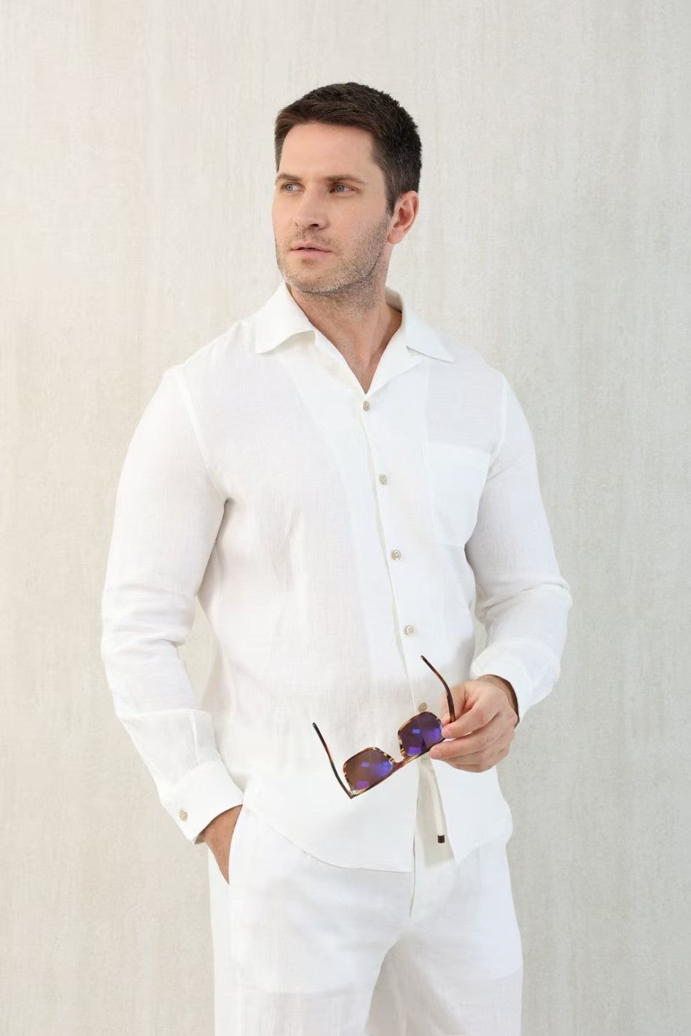 Brunello Cucinelli Men's Linen Easy Fit Shirt with Camp Collar and Chest Pocket Spring And Autumn Solid Color Long Sleeve Top Ngvp #1455